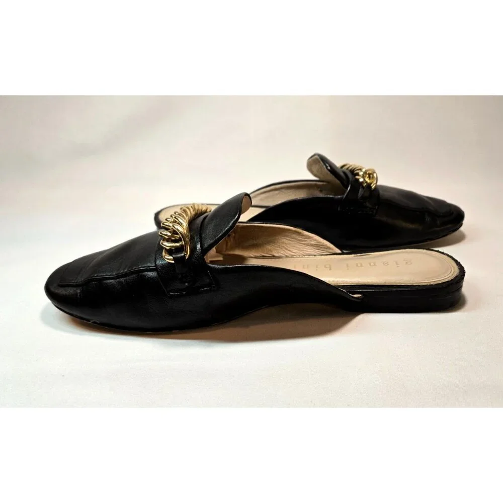 Gianni Bini Black Flat Mule Slip-On Gold Chain Sz 7 Leather Embellished Career - Picture 2 of 10